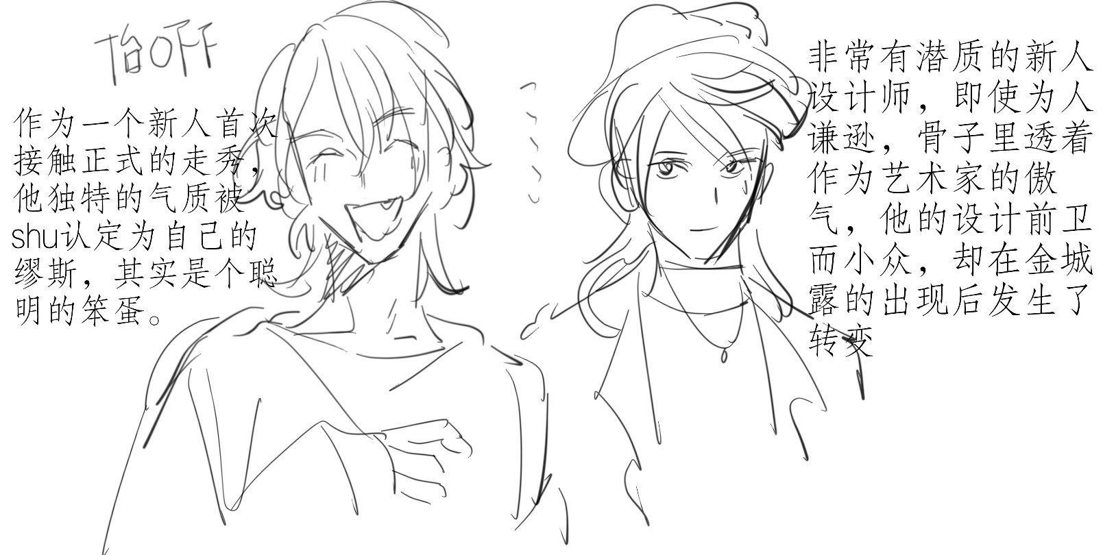 月陌2398 原稿中 Al Twitter 是服装设计师 衣架子 鞋就是非常有潜质的新人设计师 即使为人谦逊 骨子里透着作为艺术家的傲气 他的设计前卫而小众 却在金城露的出现后发生了转变