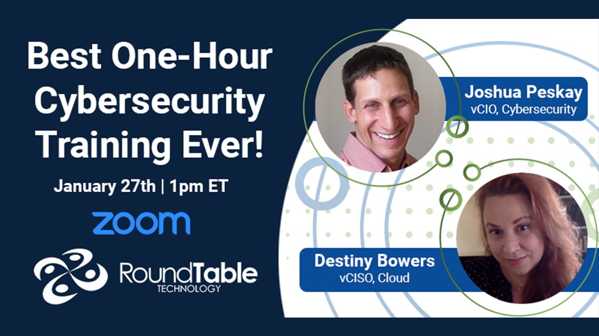 RoundTableIT's tweet image. If you missed the live training, watch the recording now and start being CyberSecure.
Joshua and Destiny make cybersecurity fun in this one-hour awareness training.
Watch now -> bit.ly/3g7Y6uz
#cybersecurity #BeCyberSafe #TechforHumans #NonprofitIT