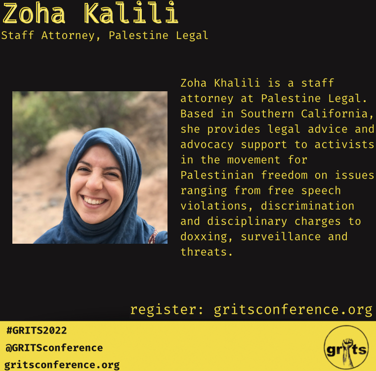 GRITSConference's tweet photo. Ahmad Abuznaid from the US Campaign for Palestinian Rights, Zoha Kalili from @pal_legal, Faizan Syed from 
@cairdfw, and @ashahshahani from Project South will be discussing this important topic in less than 30 minutes!! #GRITS2022 https://t.co/N2Y69qZp9d