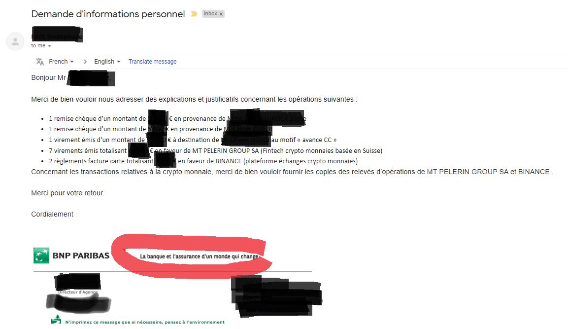 aeon1414's tweet image. Avez vous déjà reçu ce genre de mail de votre banque vous demandant de justifier vos virements ? BNP « La banque d’un monde qui change » 🤣 #BTC #Crypto @FranceCryptos @PowerHasheur @SebGouspillou @StachAlex @GA_Crypto_ @adan_asso @gregory_raymond @jfavier92300 @CryptoMatrix2