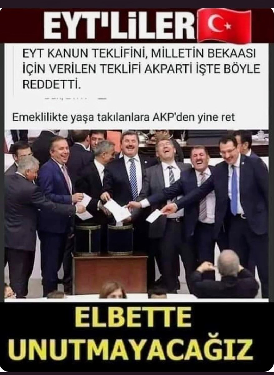Bu arkadaşlara IMF madur etti biz çözeceğiz diye söz verdiler 
Meclise geldiğinde kahkaha atarak ret oyu verdiler 
Bizde sandıkta ret vereceğiz sizi 
#ŞartımızÖnceEYT 
✅
#EmeklilikteYaşaTakılanlar