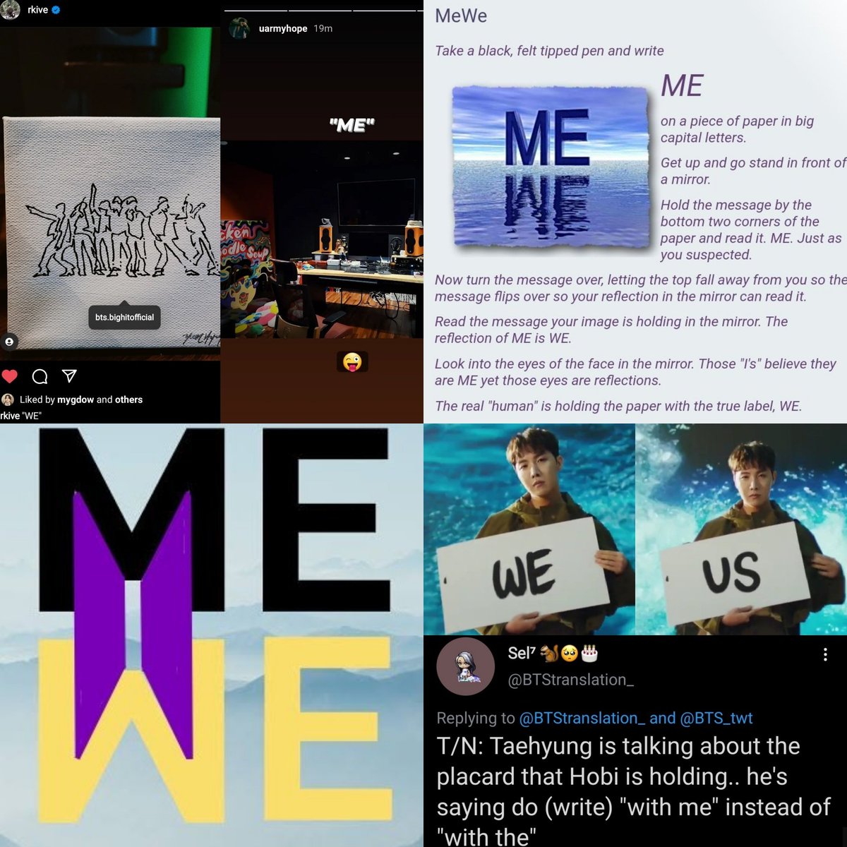 BackTheSoul's tweet photo. 🧐📻 || Alguns ARMY's estão especulando que o próximo álbum ou faixa do álbum possa ser chamado de "ME, WE"!

Os ARMY's disseram que o BTS deu alguns supostos spoiler's ao longo das semanas..

E essa especulação se tornou mais convicta depois da postagem do Nam no Instagram hoje! https://t.co/UxRomTkDPg