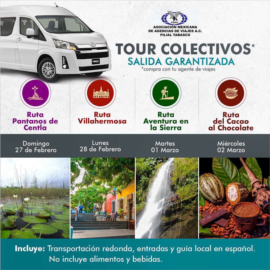 AmavTabasco's tweet photo. Más información con nuestros socios #AMAVFT
***Salidas Garantizadas***
#RutaVillahermosa
#RutaAventuraenlaSierra
#RutaPantanosdeCentla
#RutadelcacaoAlChocolate https://t.co/urhwIHZdeT