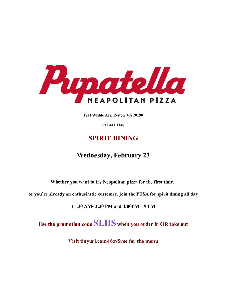 Plan your meals for the week now and come to support the PTSA on Wed February 23 by purchasing lunch and/or dinner from Pupatella from 11:30am to 9pm. Use code SLHS (and/or bring a copy of the flyer on your phone). You won't be disappointed with their yummy offerings!