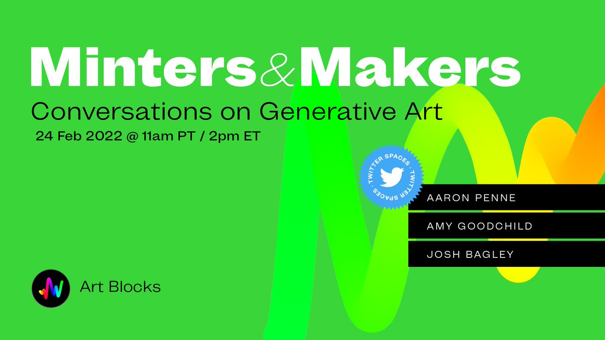 This upcoming week on Minters &amp; Makers we will have <a href="/aaronpenne/">Aaron Penne</a>, <a href="/amygoodchild/">Amy Goodchild</a> and <a href="/gengeomergence/">Joshua Bagley</a> to talk all things generative art! Tune in Feb 24th at 11am PT/2pm ET.