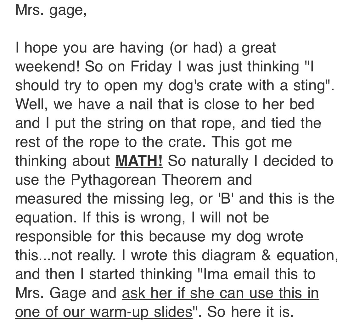 This email made my entire week! “Naturally I decided to use the Pythagorean Theorem” love this kid so much! <a href="/sunshineagreen/">Sunshine</a> look at CJ doing math at home! #LoveMyLISD #lovemystudents