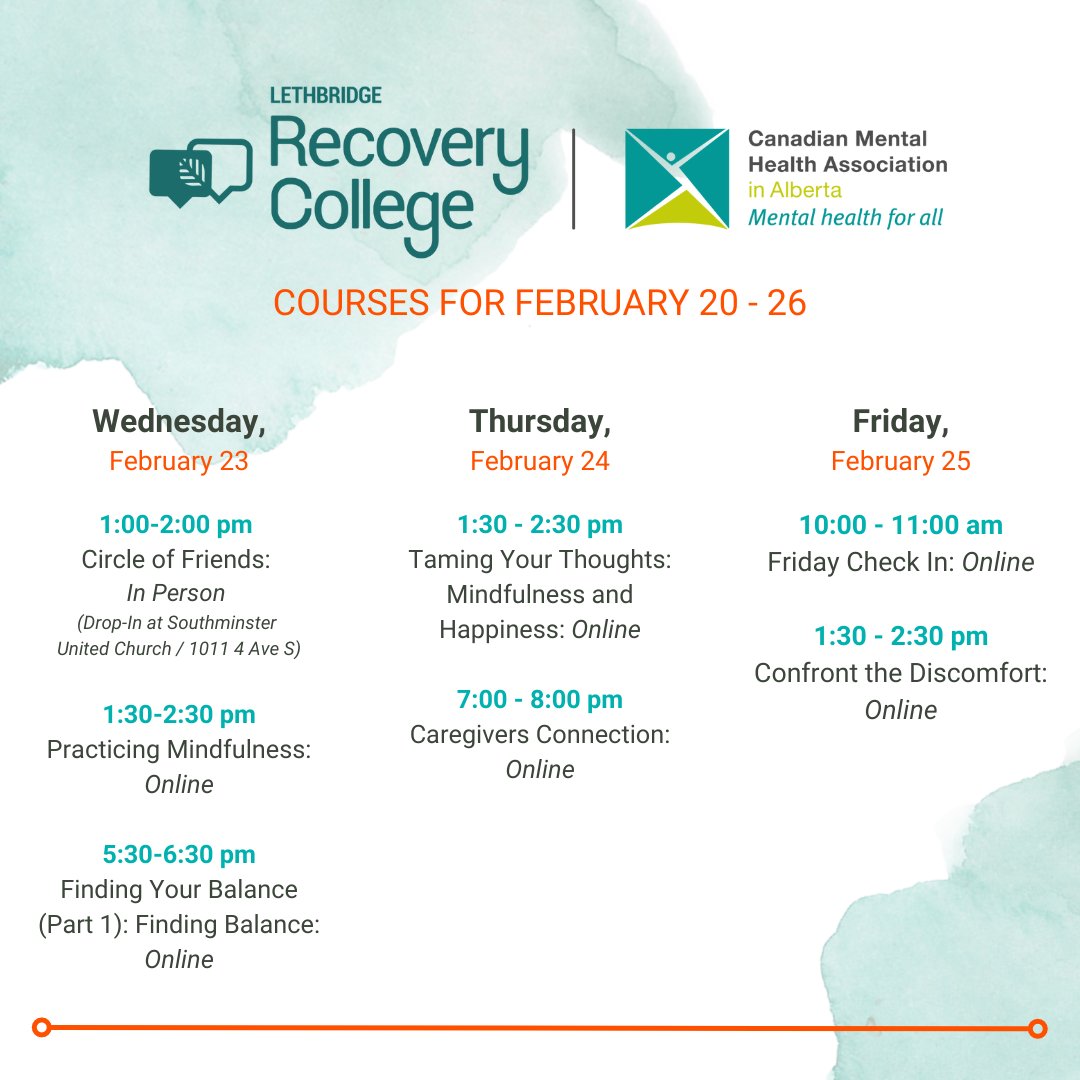 👋  Hey there! Don't forget to take care of your #mentalhealth this week. If you'd like to learn some new skills, sign up for a #recoverycollegelethbridge course any time by visiting our website (link in bio)!

#yql #lethbridge