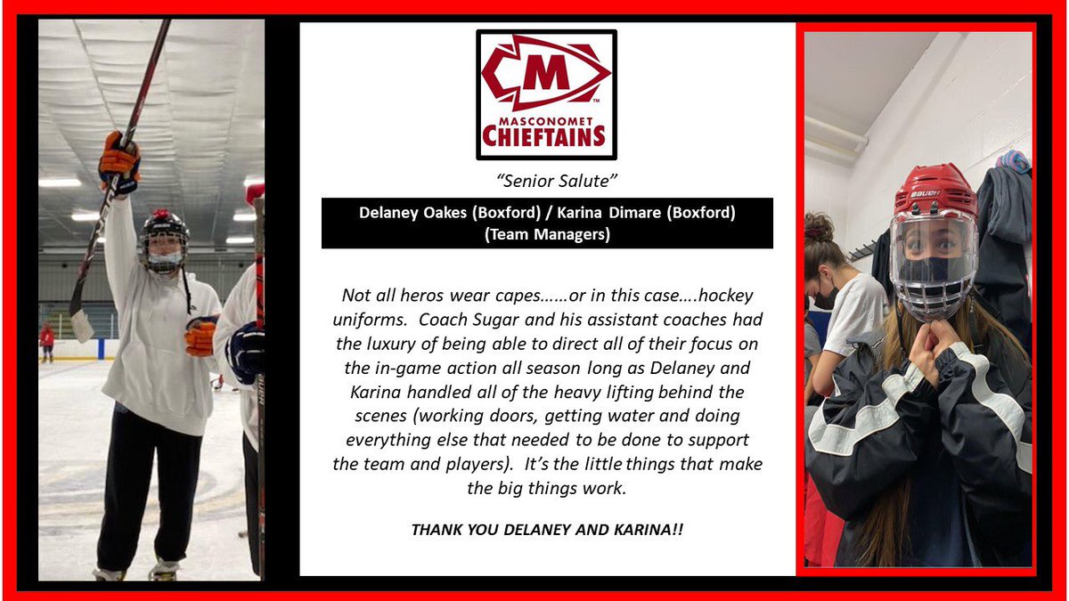 Final Senior Salute.  Sure they didn’t step a foot onto the ice this season.....but you can’t say they didn’t have an impact on the team.  Final shout out goes to the team managers...Delaney Oakes and Karina Dimare! <a href="/CoachSugar19/">Ryan Sugar</a>