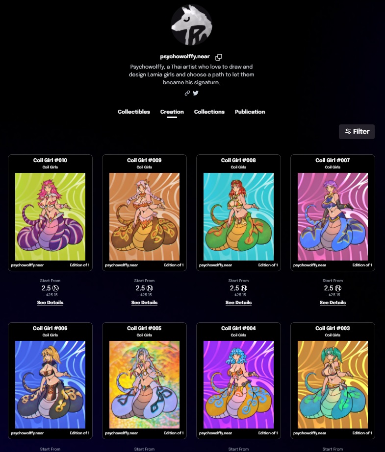 WonglikhitR's tweet photo. New Drop ! 
Coil Girls N0.006-010 are here for your love 🐍
Let them be with you 💕
.
https://t.co/zFEuohQOQg…
.
More of them will be drop soon ! 
#NFT #NFTs #NFTCommunity #NFTProject #NFTCollection  #NEARProtocol #NEARnft #nearNFTs https://t.co/iao1iS5Ens