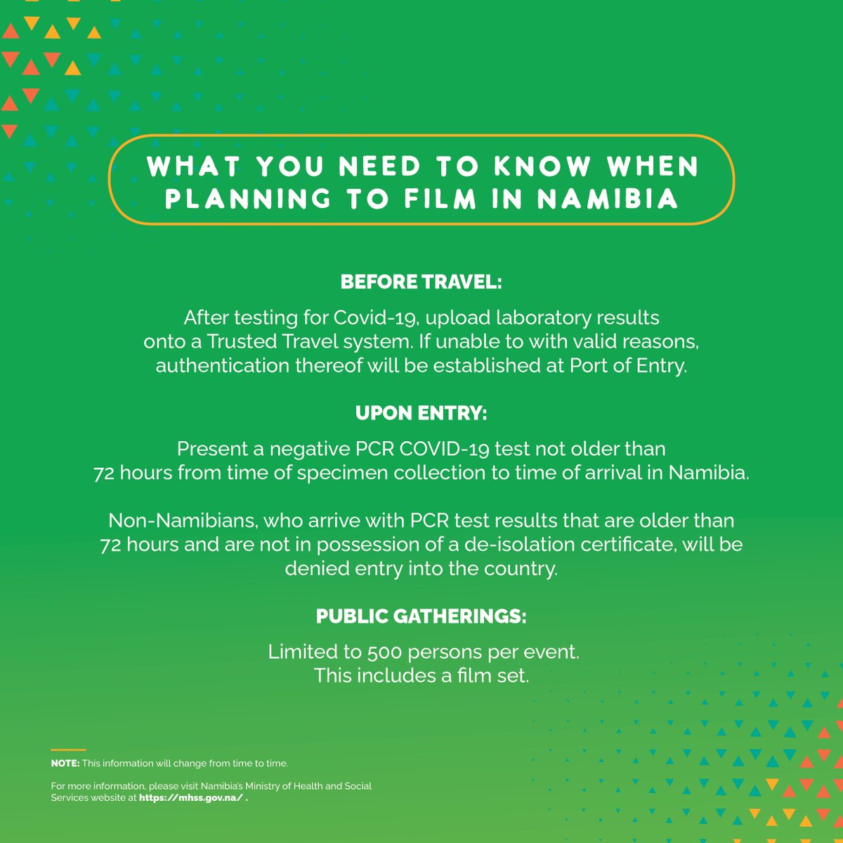 Namibia_F_C's tweet photo. Namibian borders are open to filmmakers!
Planning on filming in Namibia? Here are the COVID-19 Regulations you need to know!
#filminginnamibia #namibiafilmcommission #covidregulations https://t.co/8szsFyf4eW