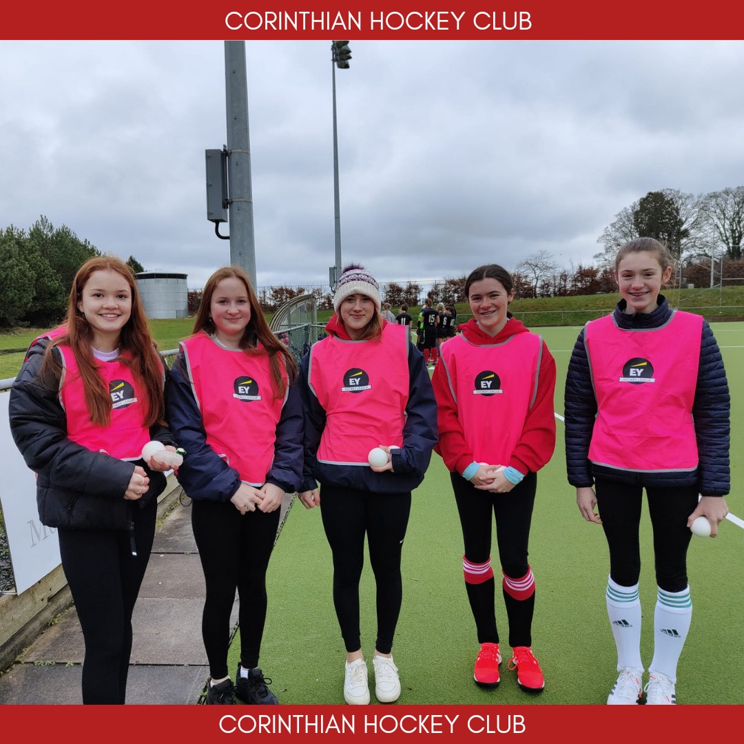 CorinthiansHock's tweet photo. A massive thanks to our ball girls today. Rachel, Sophie, Giulia, Orla and Sophie all wearing their new #EYHL ball-patrol bibs!!

#RedOrDead #chc4life #futureisred

@hockey_ireland @hookhockey https://t.co/Ybc4Hr6Nho