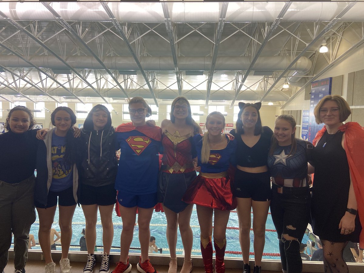 Girls team is at Boys Sectional finals to cheer on the Patriots! This is what we call Swim Dive Spirit! ⁦<a href="/THNorthSports/">Terre Haute North</a>⁩ ⁦<a href="/Baselinebums/">THN Student Section</a>⁩