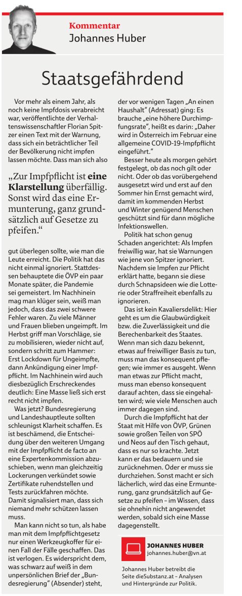 Wenn man glaubt, es geht nicht mehr schlimmer, kommt #Mueckstein im Ö1-Mittagesjournal mit anschließenden „Klarstellungen“. Was zur #Impfpflicht aufgeführt wird, ist eine unerträgliche Zumutung. Mein Kommentar in ⁦<a href="/VNRedaktion/">Vorarlberger Nachrichten</a>⁩ zum Thema.