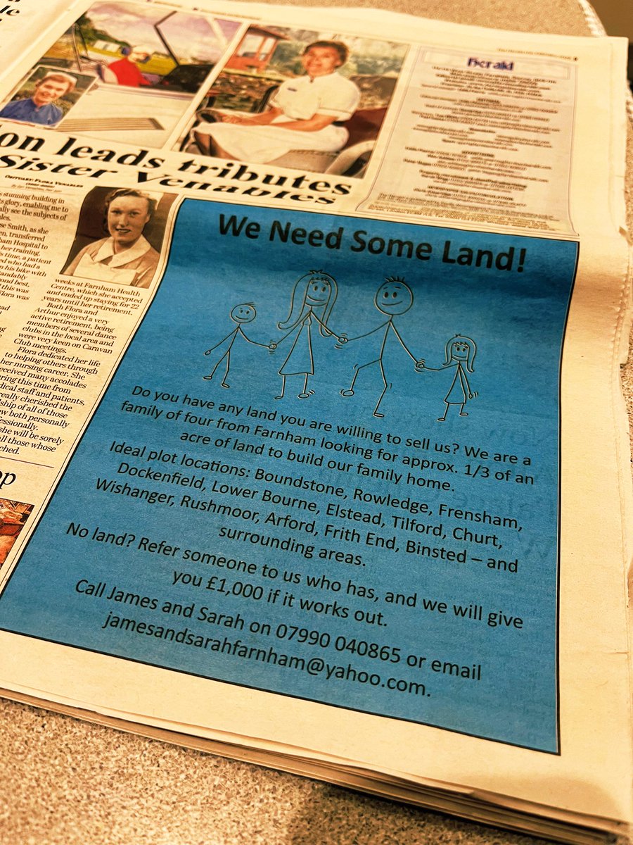 LandNeeded's tweet image. We’ve got our very own ad in the @farnhamherald this week. We would love to hear of any land available in or around Churt, Frensham, Tilford, Wishanger, Dockenfield, Arford, Lower Bourne, Elstead for our self build home. Many Thanks. Please RT if you are in these areas.