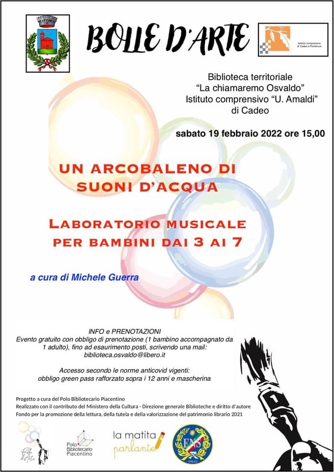 "Un arcobaleno di suoni d'acqua" laboratorio musicale  condotto da Michele Guerra presso #bibliotecaOsvaldo #iccadeoponte immersi in un fantasioso ambiente marino bimbi dai 3 ai 7 anni per il progetto "Bolle d'arte" sabato 19 febbraio #polobibliotecario piacentino