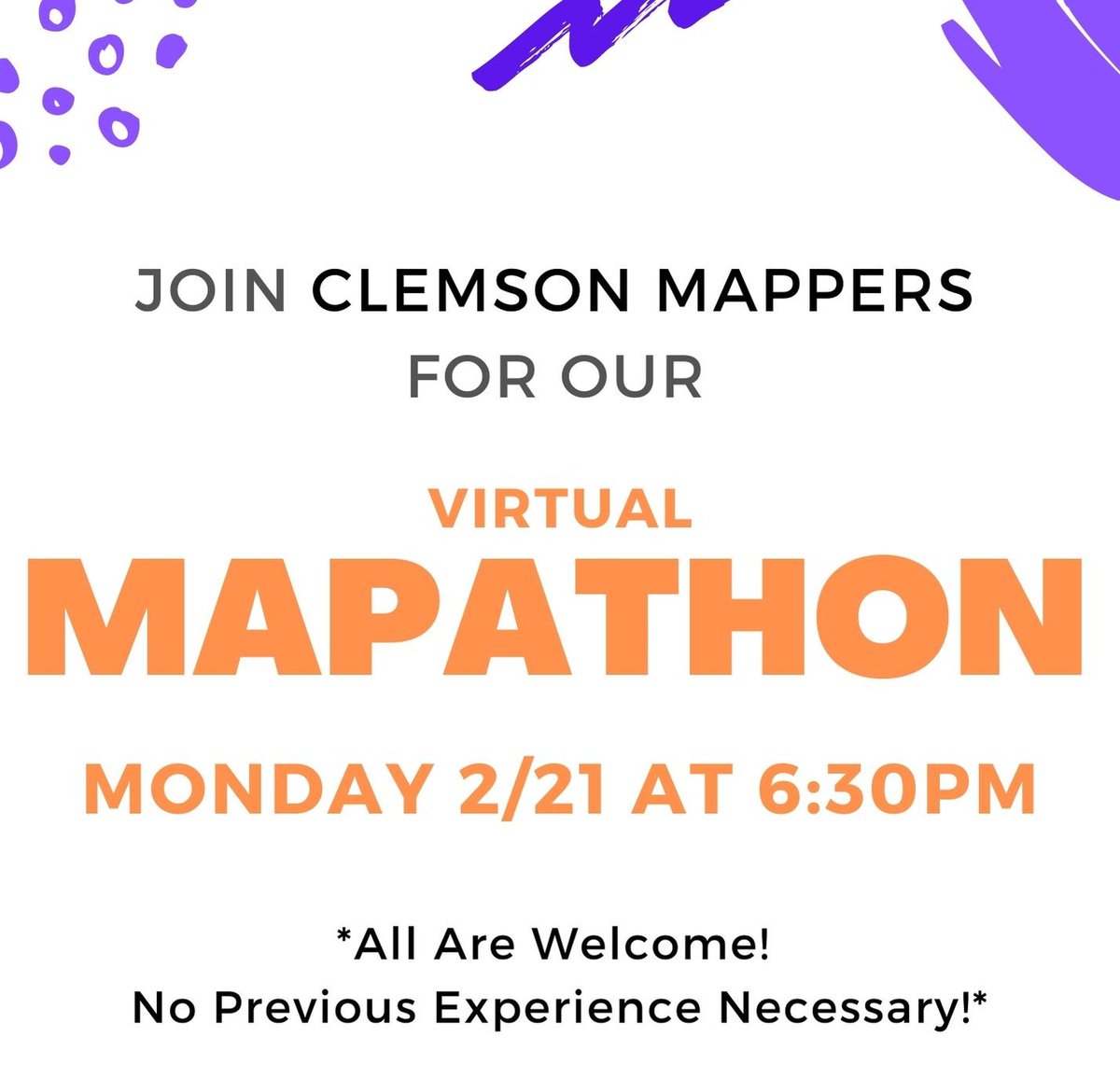 Clemson Mappers will be meeting Monday, February 21st at 6:30 pm for their first Mapathon of the semester on zoom. No experience needed and learn how to use Open Street Maps and mapping a disaster relief project.   Use the zoom  link to attend to meeting clemson.zoom.us/j/2717616197
