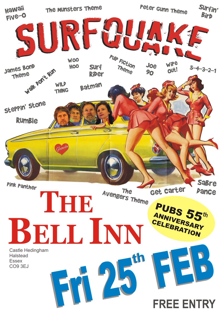 Luckily, the wind has calmed down a bit and our motor is intact. Surfquake will be at The Bell Inn at Castle Hedingham on 25th Feb, as part of their 1960's weekend in celebration of the pub's anniversary #1960s #retro #retroband #60s #carryoncabby