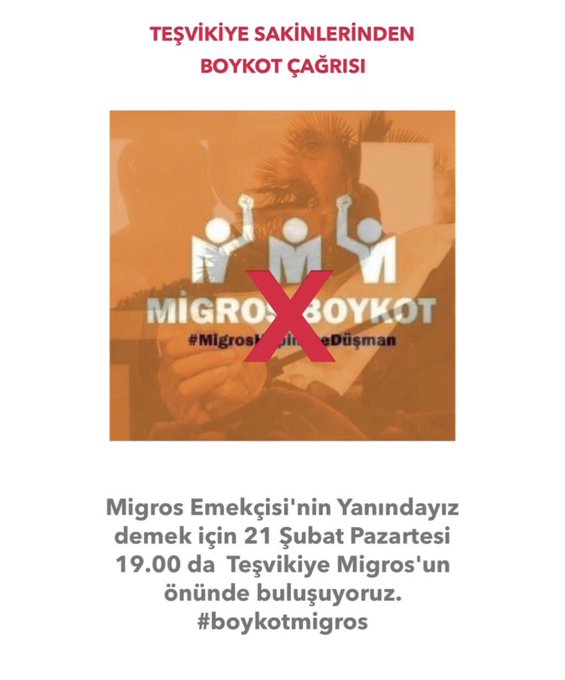 fulyakomsuagi's tweet photo. "Migros Emekçisi'nin Yanındayız demek için 21 Şubat Pazartesi 19.00 da  Teşvikiye Migros'un önünde buluşuyoruz." #boykotmigros #MigrostaBoykotVar @TesvikiyeS @tesvikiyemuhtar @KomsuKapisi https://t.co/bamafUo2w8