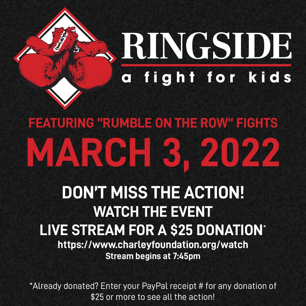 Don’t miss out on “Rumble on the Row” on March 3rd! For a donation of $25 you can watch the fights from your couch and help children in need! 🍿🍺

Let’s Rumble! 🥊🥊