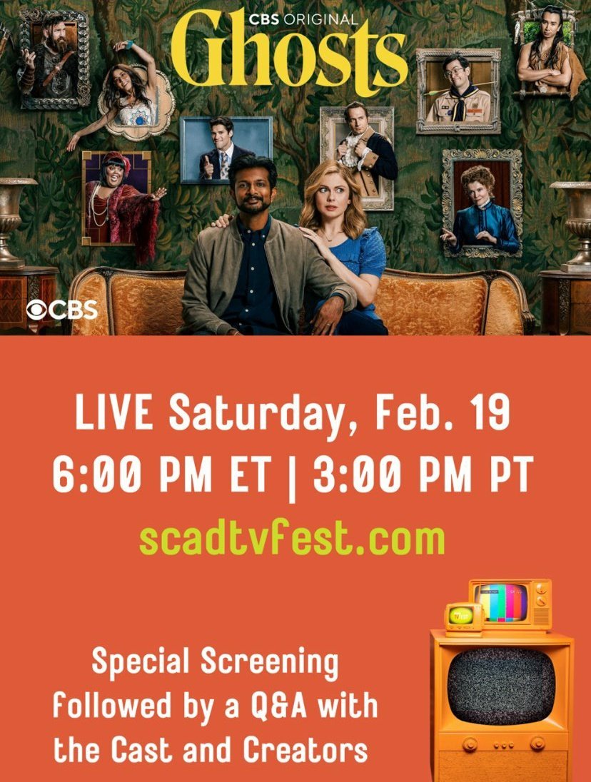 #ScadTVFest will host a special virtual screening of #GhostsCBS TODAY followed by a Q&A with the Cast and Creators.

• You will need a pass to access this, who is only 10$. More info: scadtvfest.com/tickets-and-pa…