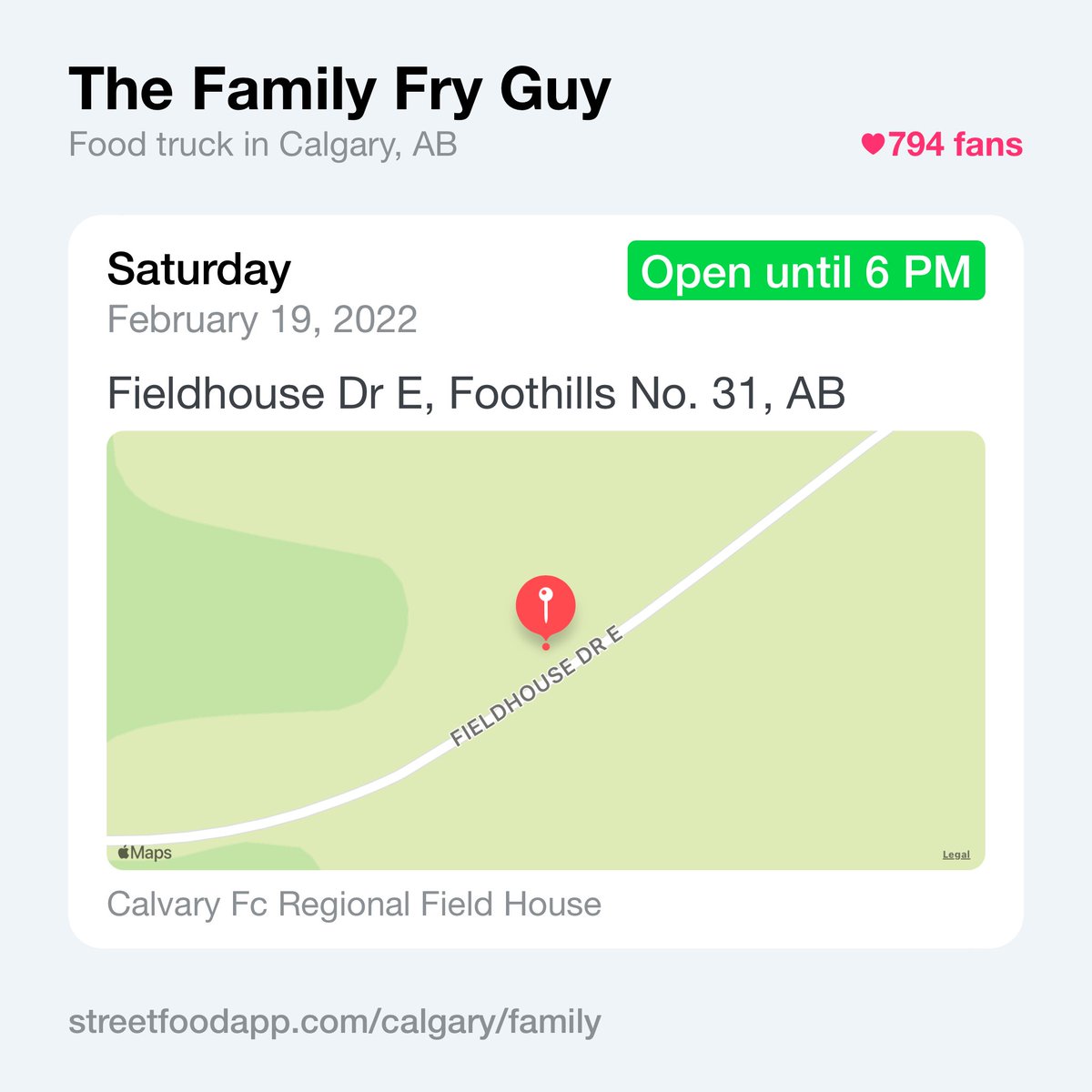 We're open today from 11 AM - 6 PM at Fieldhouse Dr E, Foothills No. 31, AB. Come on out and enjoy some delicious fries or poutine!

streetfoodapp.com/calgary/family