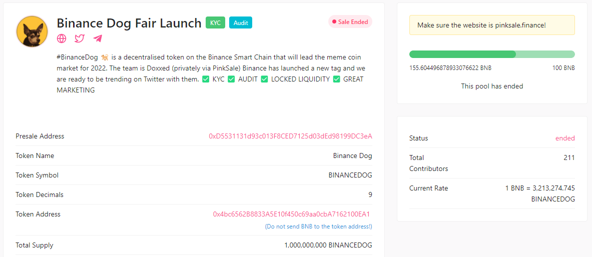 binance__dog's tweet photo. Finally Presale ended and we raised 155 $BNB . Congratulations if you were able to join our presale 

We're very hyped to launch on @PancakeSwap on 23rd February 2022 

Join our telegram group : https://t.co/swxgUf3FeZ

Website : https://t.co/ne6ftf5g6S https://t.co/kOpZlYCyZd