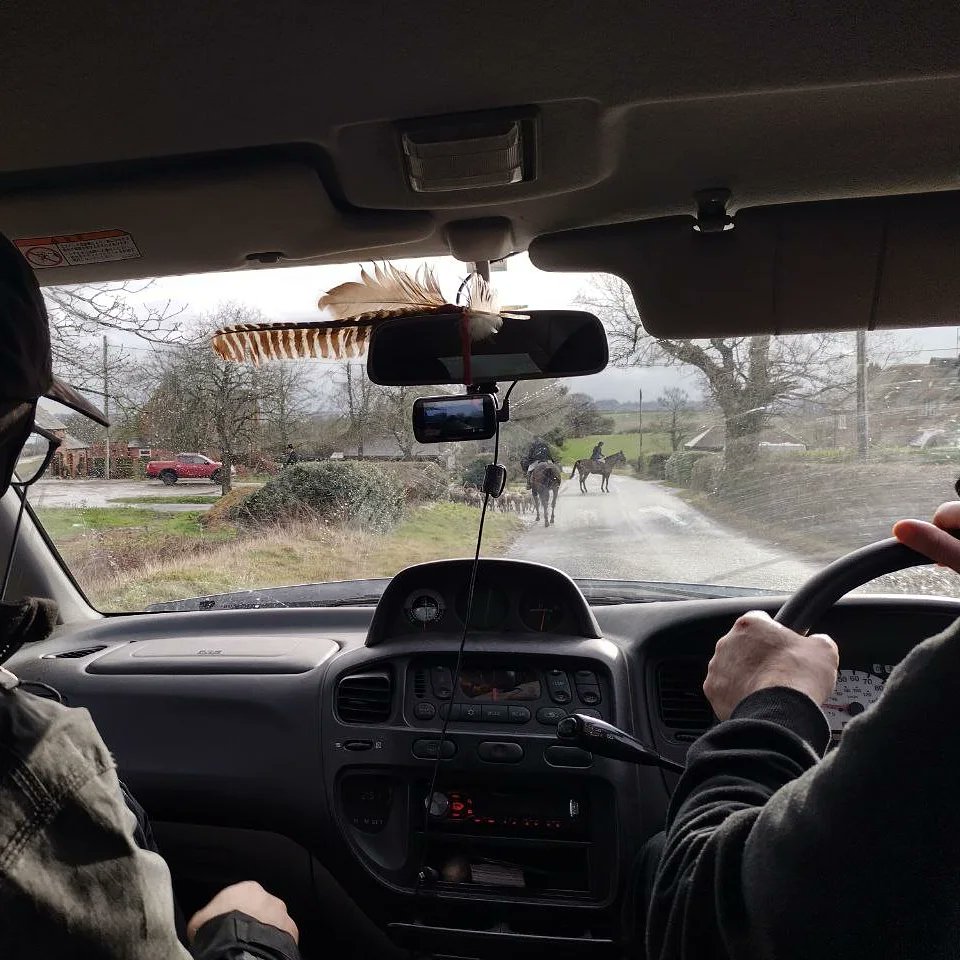 SheffHuntSabs's tweet photo. The hunt boys were giving out threats and blocking our vehicle today but we still kept on the Grove and Rufford Hunt near #Eakring. The paying riders spent most of the day sat miserably in the rain as the hunt tried to find foxes in Park Spring Wood #huntsabs https://t.co/1soOvsHCTT