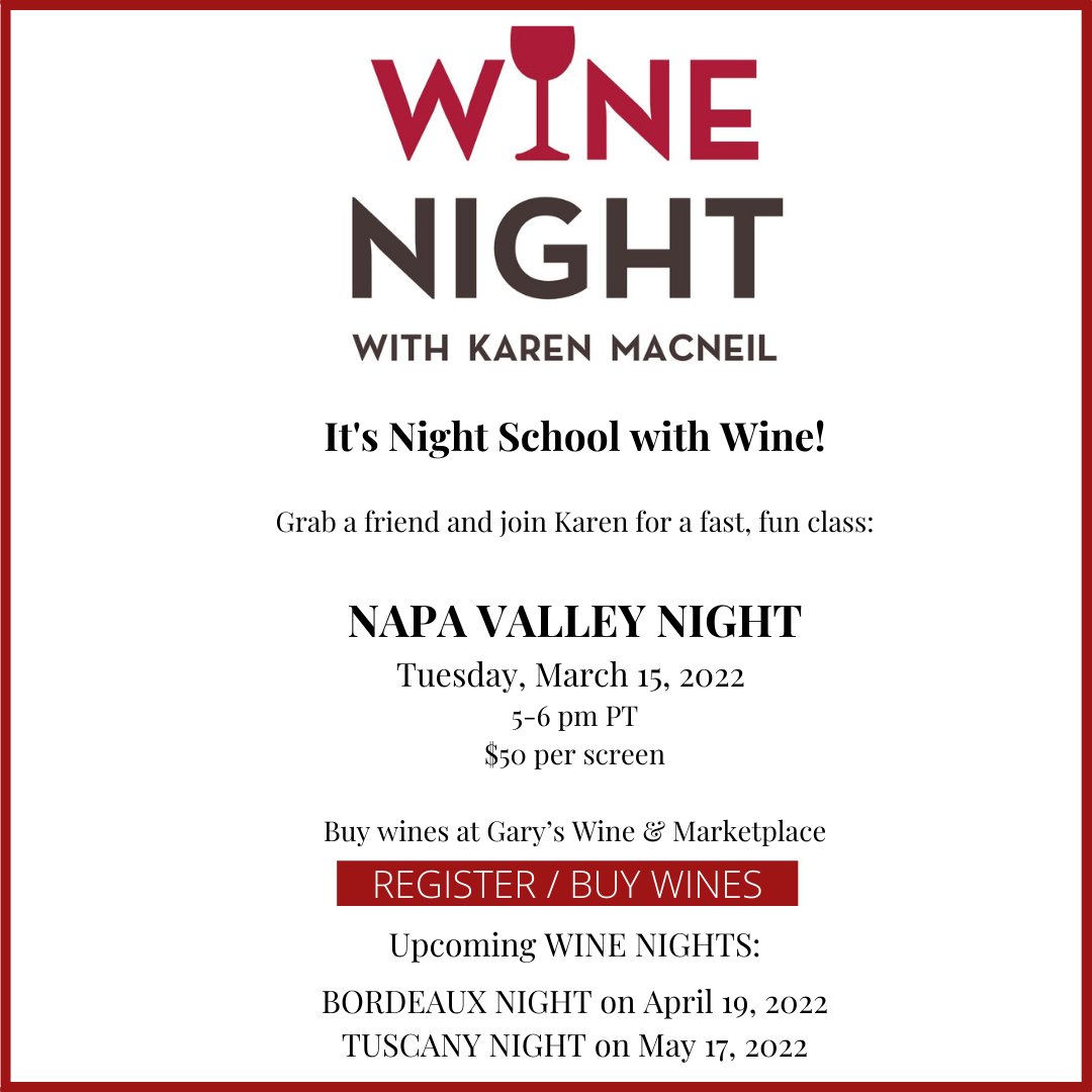 Hey Everyone! Our next virtual wine class, NAPA VALLEY NIGHT is coming up March 15. (Think of it as “Night School with Wine.”) To register and buy wines visit: napavalleynight.eventbrite.com/?aff=TW I’m so hoping you'll join us.