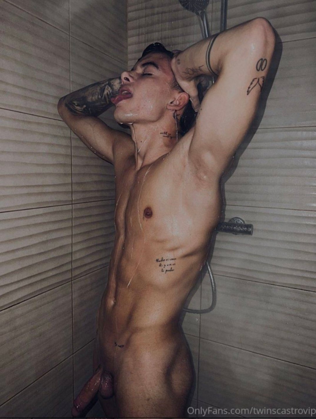 Twin with playful smirk in locker room