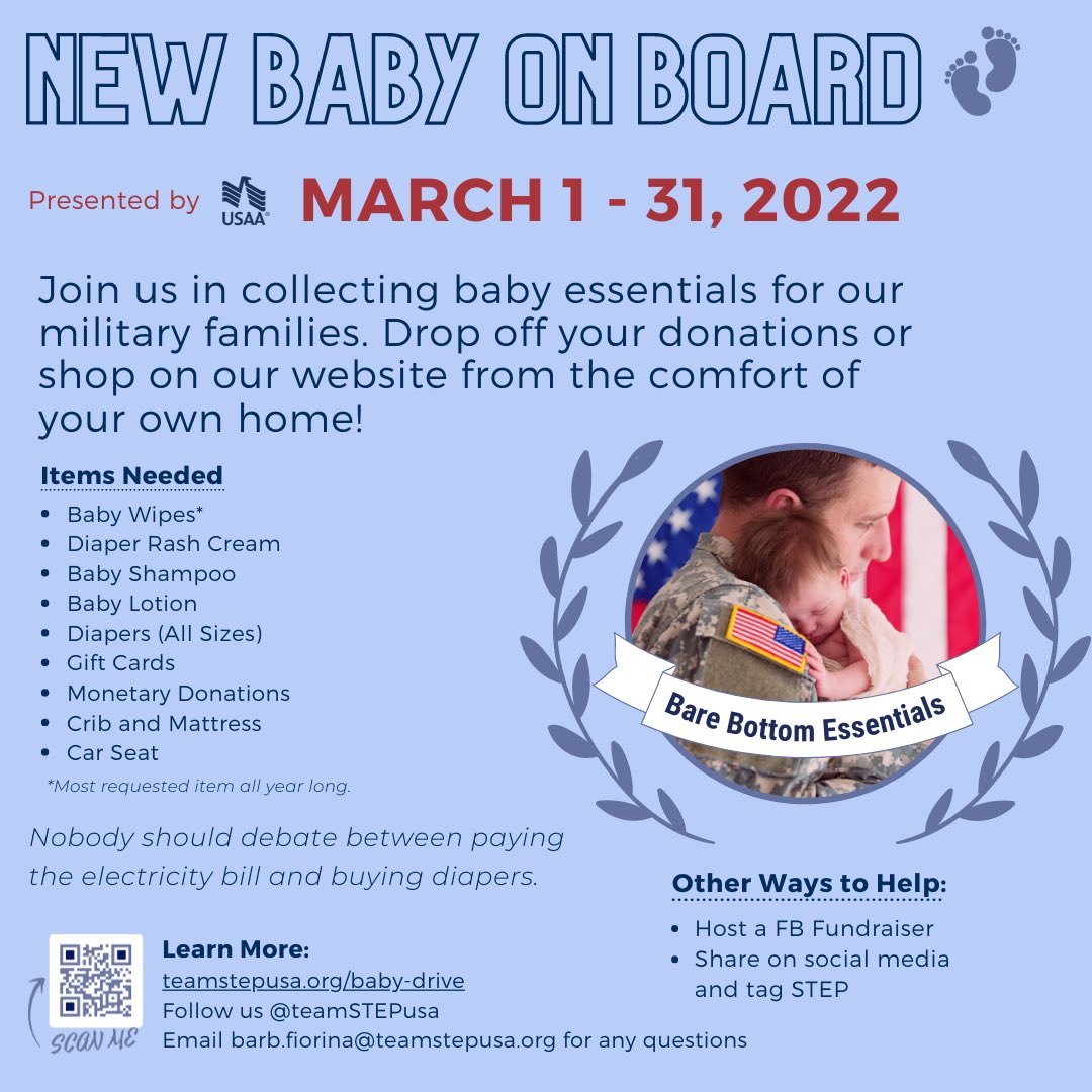teamstepusa's tweet photo. Join STEP in collecting baby essentials! Shop virtually, drop off donations or host a FB fundraiser. Help support our military & Veteran families by keeping their bundles of joy healthy & clean. Learn More: https://t.co/BK9zKyQvF3
#teamstepusa #milfams #babydrive #militaryfamily https://t.co/LyxZ6Z906q