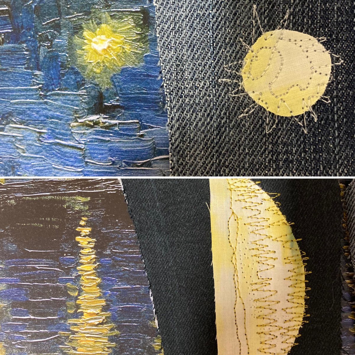 SallySutcliffe4's tweet photo. Van Gogh inspired details this evening as students start on their own bag projects 🎒👜 @CravenPart #machineembroidery #beinspired #creativetextiles https://t.co/Jk5nIJJhtS