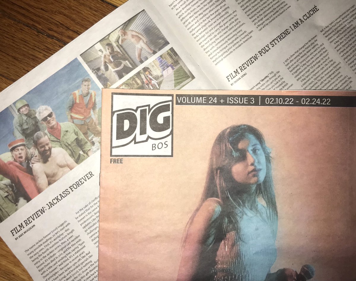 Halfway point for this issue of <a href="/DigBoston/">DigBoston</a>, one week left in the boxes. For movies it has our JACKASS FOREVER review, online here: digboston.com/film-review-ja…

Also has <a href="/oliviadeng1/">Olivia Deng</a>'s five-star review of POLY STYRENE: I AM A CLICHÉ! Read it online tomorrow, or in print right now...