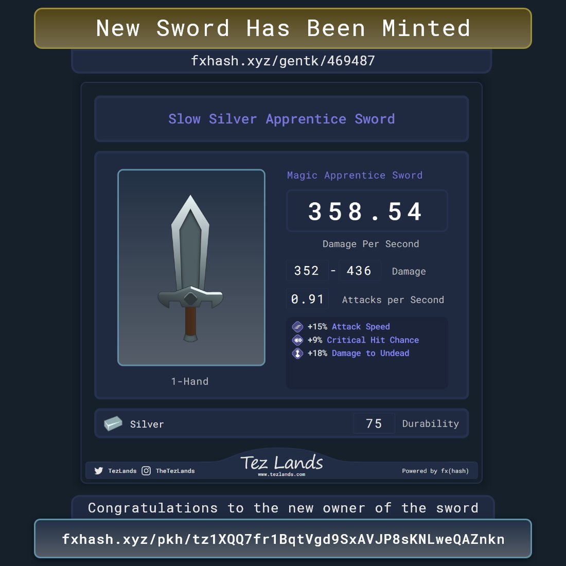 TezLands's tweet photo. New Sword has been minted!

🔗 https://t.co/KWuyX6OxWO

Congratulations:
🔹tz1XQQ7fr1BqtVgd9SxAVJP8sKNLweQAZnkn

Another Silver Sword for this mighty Warrior with increased Crit Chance - 359 DPS!

#tezos #fxhash #cardgame #generative #game #gamedev #indiedev #Cryptogame #NFTGame https://t.co/YACwOzdS3m