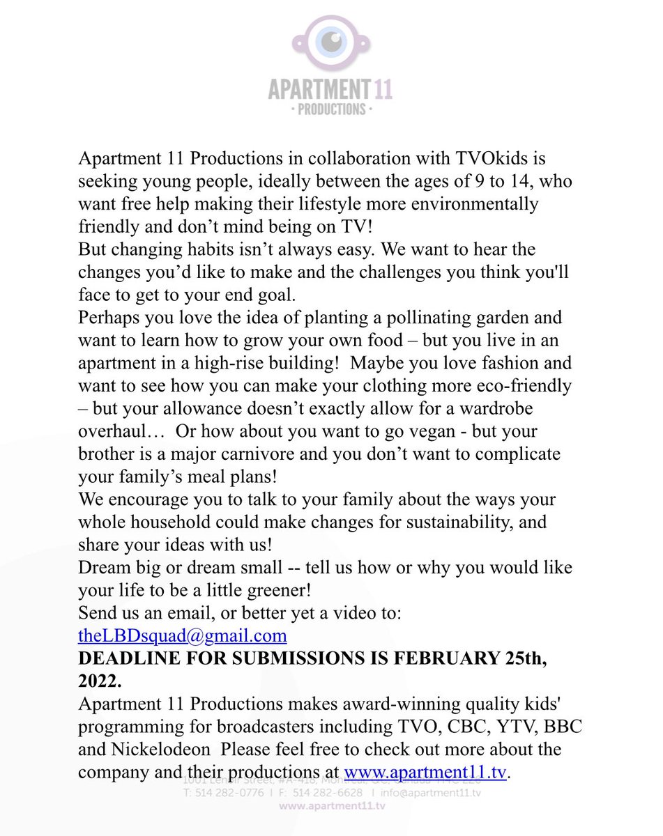 Casting call for kids aged 9-14 who are interested in learning more about how to live a more eco friendly life 🌎 😊

<a href="/EcoSchoolsCAN/">EcoSchools Canada</a> 
<a href="/EcoKidsCanada/">EcoKids</a> 
<a href="/ForOurKidsTO/">For Our Kids TO</a> 
<a href="/DavidSuzukiFDN/">David Suzuki FDN</a> 
<a href="/GCCollectiveCan/">GreatCommissionCollectiveCanada</a> 

#ecofriendly
#sustainable
#sustainableliving
#greenliving
#saveourplanet