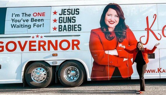 ShaneClaiborne's tweet photo. You can’t make this stuff up. 
She’s running for Governor. 
And her slogan is “Jesus, Guns, and Babies.” https://t.co/N8BhR1rzD0