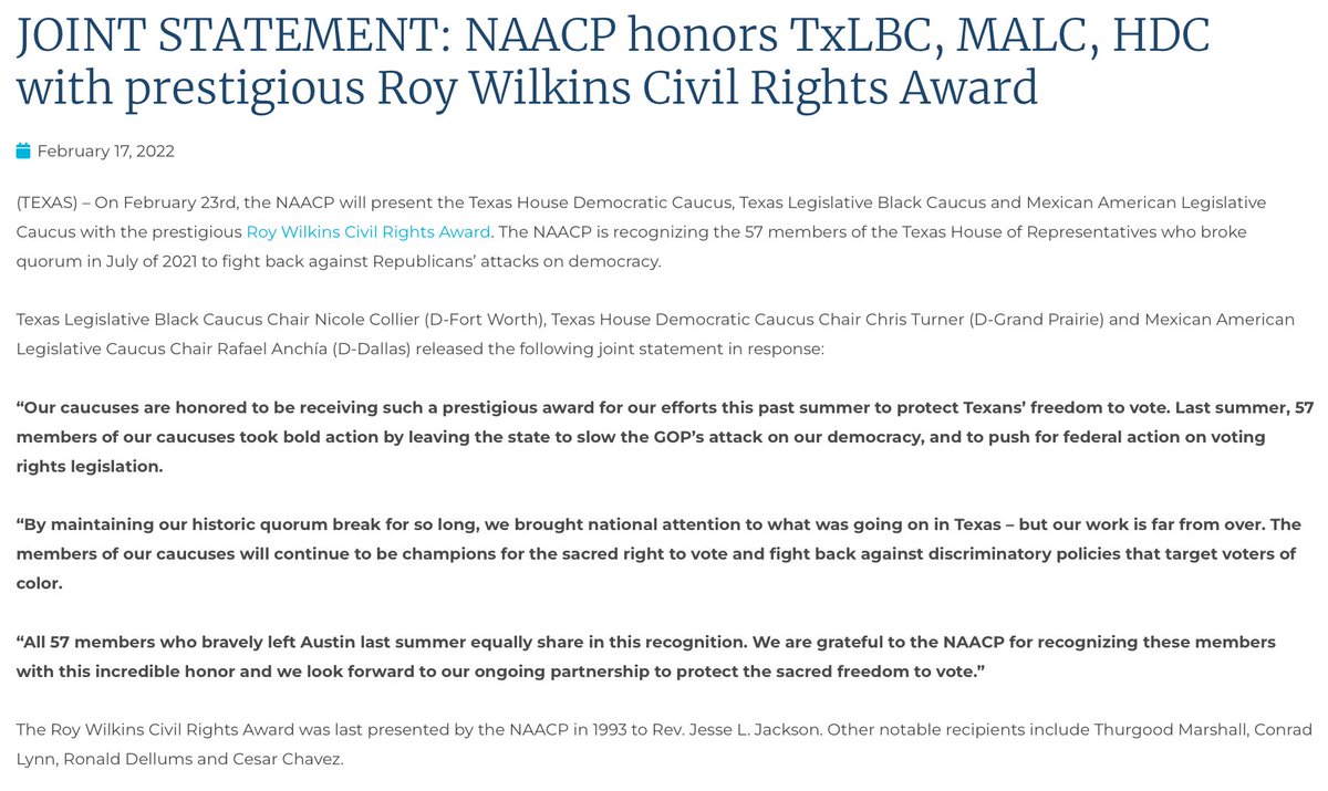 MALCTx's tweet photo. "All 57 Members who bravely left Austin last summer equally share in this recognition. We are grateful to the NAACP for recognizing these members with this incredible honor..." - @RafaelAnchia, @NicoleCollier95, @ChrisGTurner 

Read the full joint statement 👇🏽 https://t.co/Cmx71lZgAU