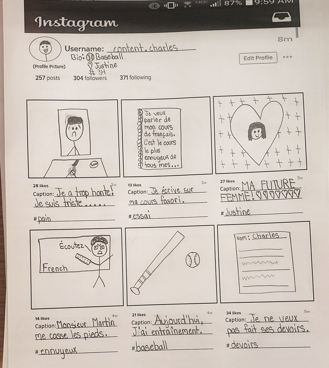 Students create a username for one of the characters of the book we're reading, fill out basic information, and draw a profile picture and 6 "photographs" with captions and hashtags that reveal information about the character <a href="/klasekastellano/">A. C. Quintero</a> <a href="/Lancers_LBUSD/">Lakewood High School</a>