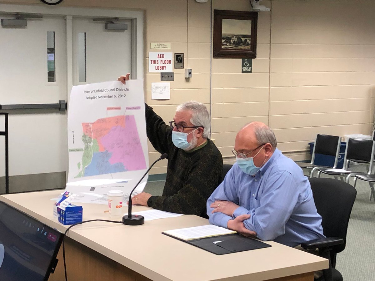 EnfieldTM's tweet photo. Registrar of Voters Lew Fiore(R) and Registrar Tom Kienzler(L) recently presented a Redistricting Plan to the Town Council.  Their office will be notifying any affected voters of the State changes by mail over the next several weeks, and the Council changes over the summer https://t.co/NFuu9TUyAa