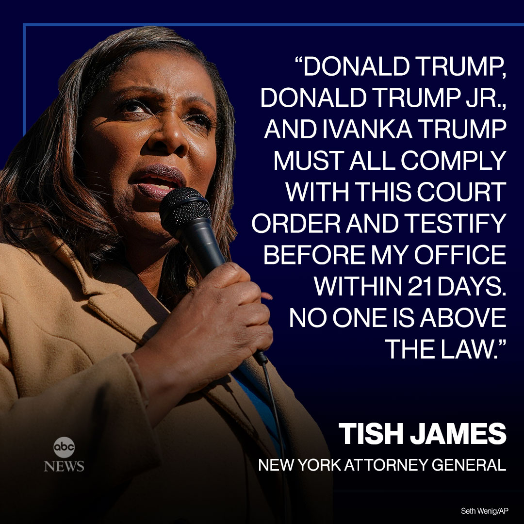 NEW: New York Attorney General Tish James responds to judge's ruling that former Pres. Trump and two of his children must testify: abcn.ws/3sH0ZIQ