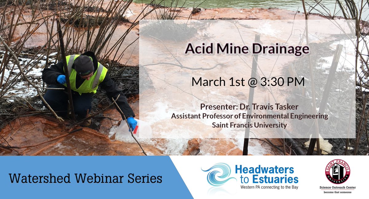 SFUOutreach's tweet photo. Acid Mine Drainage - FREE WEBINAR 
March 1st, 2022 from 3:30-4:30 pm
Learn how AMD forms, where it is, and how it could influence phosphorus transport to the Chesapeake Bay. Act 48 credit for teachers. Sign up: https://t.co/HMRFXokuwX https://t.co/B7GjJJoiGe