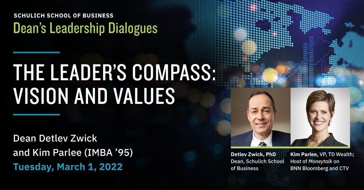 Join us at the Dean’s Leadership Dialogues starting March 1 at 7:00pm EST. Listen in on The Leader's Compass: Vision and Values, a virtual conversation between Dean Zwick and Kim Parlee (IMBA '95), VP, TD Wealth; Host of Moneytalk on BNN Bloomberg &amp; CTV. schulich.yorku.ca/about/our-dean…