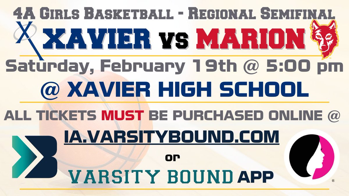 TICKETS ON SALE NOW! Marion vs Xavier, Girls Basketball 4A Semifinals,  5:00 pm Saturday @ XAVIER 
ia.varsitybound.com/schools/marion…