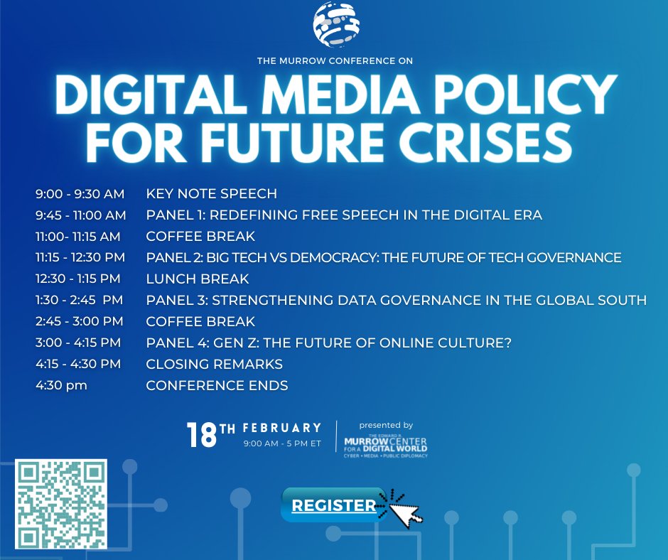 Murrowcenter's tweet photo. Join us TOMORROW for #MurrowCon2022 a timely discussion with leading experts on issues of free speech in the digital era, tech monopolies, next-gen media literacy, and Global South digital governance. 

Register: https://t.co/QLvysTvWR0 https://t.co/euYsnbe1un