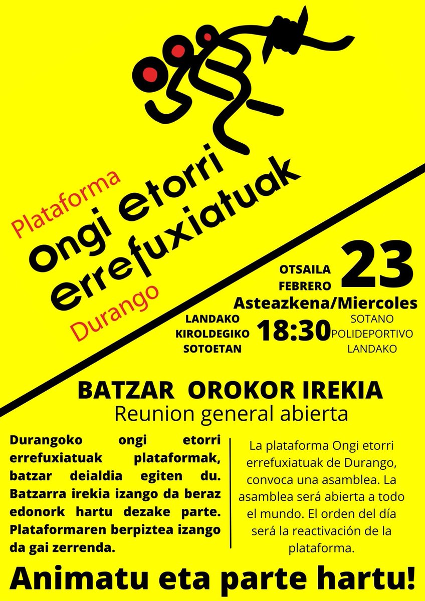 ¿REACTIVAMOS LA PLATAFORMA?

➡️ REUNIÓN ABIERTA
📅 23 de FEBRERO a las 18.30
📍 SOTANO POLIDEPORTIVO DE LANDAKO 

Queremos poner sobre la mesa la reactivación de <a href="/errefuxiatuakDu/">PlataformaOEEDurango</a>, ya que  las razones por las que se creó la plataforma siguen ahí. 

NOS VEMOS EL MIÉRCOLES
