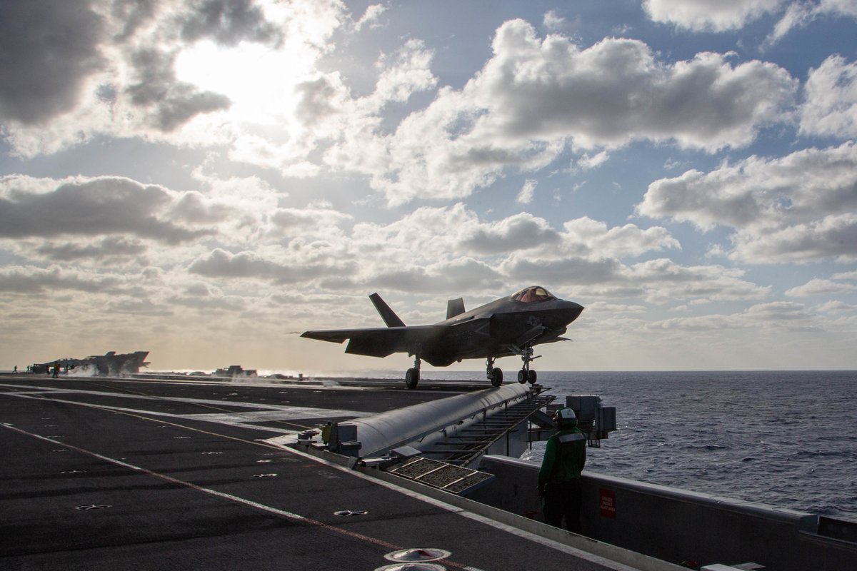 PacificMarines's tweet photo. Copy That, on Our Way.
 
@USMC of #VMFA314, @3rdmaw, prepare F-35C Lightning III aircraft for simulated offensive and defensive air operations aboard the Nimitz-class aircraft carrier USS Abraham Lincoln in support of Jungle Warfare Exercise 22 across #Okinawa, #Japan. #USMARINES https://t.co/axUAjEhGuL
