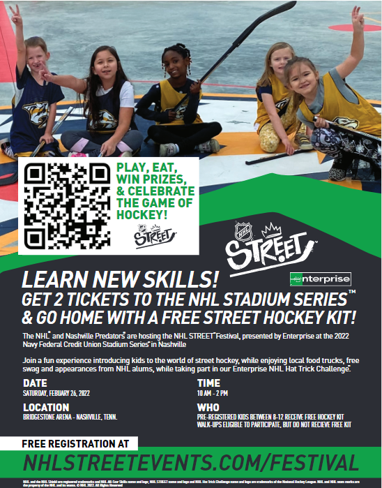 CCSportsPlex's tweet photo. Come join the @NHL  and the @PredsNHL !!
Learn some new skills from the best and win some cool prizes. Be at Bridgestone Arena Saturday, Feb. 26th, 2022 from 10am to 2pm(cst). https://t.co/k1WDymwcBj