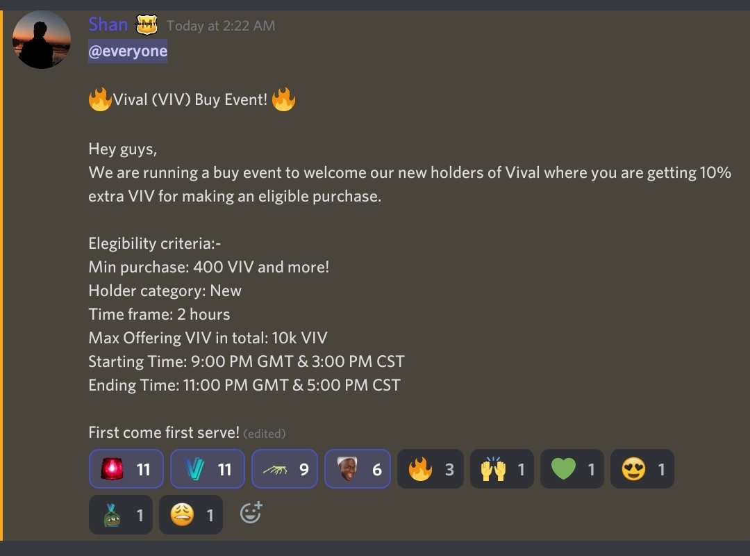 ShanTheGreat99's tweet photo. If you are a new investor and looking to buy some #VIV then it could be a great time to buy some because the team #RevivalDeFi actually giving you 10% extra $VIV for your eligible purchase!

Discord: https://t.co/nmeKBNYUlE

#Giveaways #altcoins #investing #crypto #Giveaway https://t.co/DZ1nCshOSx
