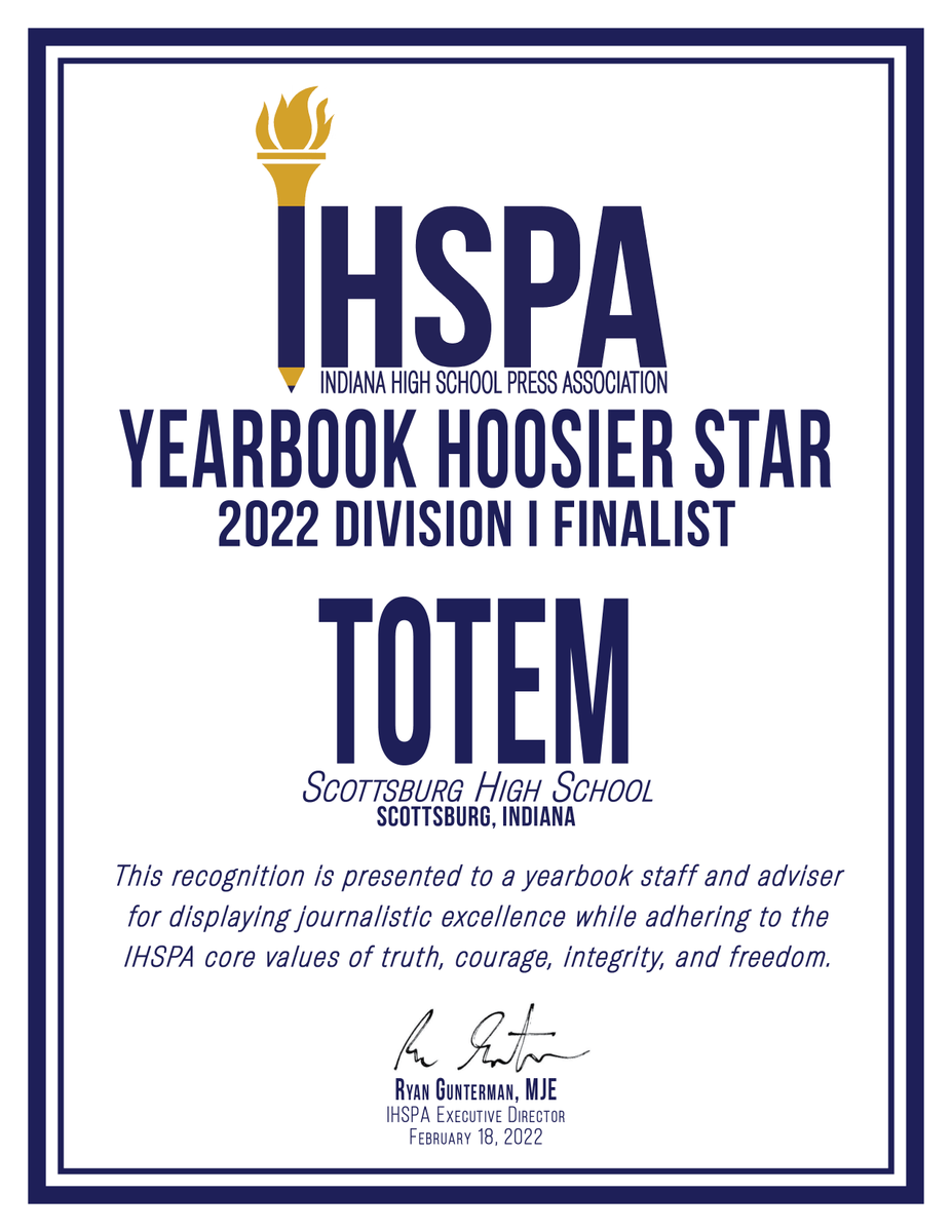 The last finalist for yearbook Hoosier Star division I is: 

Totem (<a href="/SHSTotem/">Scottsburg Yearbook</a>) from Scottsburg HS

CONGRATULATIONS!