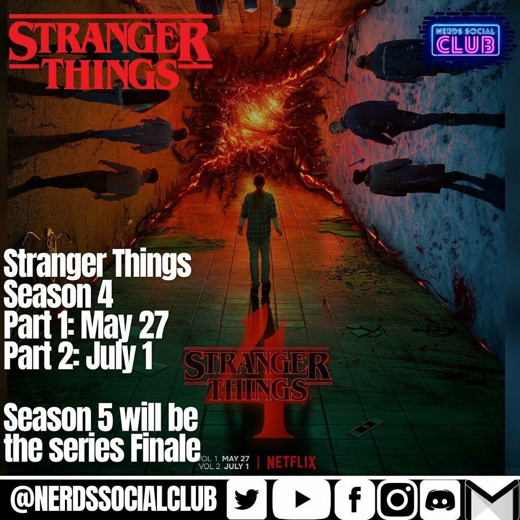 NerdsSocialClub's tweet photo. We all knew this day would come!!
Good news: Season 4 is in two parts, that will drop on @Netflix May 27, and July 1
Bad news: Season 5 is the final season
BUT, the Duffer brothers have promised there’s other stories still left to explore #StrangerThi… https://t.co/2R8ypK86c4 https://t.co/9w75pkJIPb
