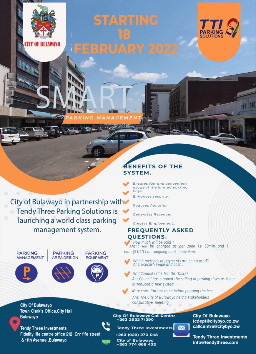 The City of Bulawayo in partnership with Tendy Three is launching a world class parking management system with effect from Friday, 18 February 2022. #SmartParking